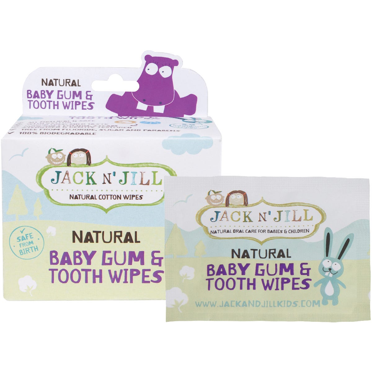 Jack N' Jill 8-pack of Baby Gum and Tooth Wipes with 25 individually wrapped natural cotton wipes in each box.