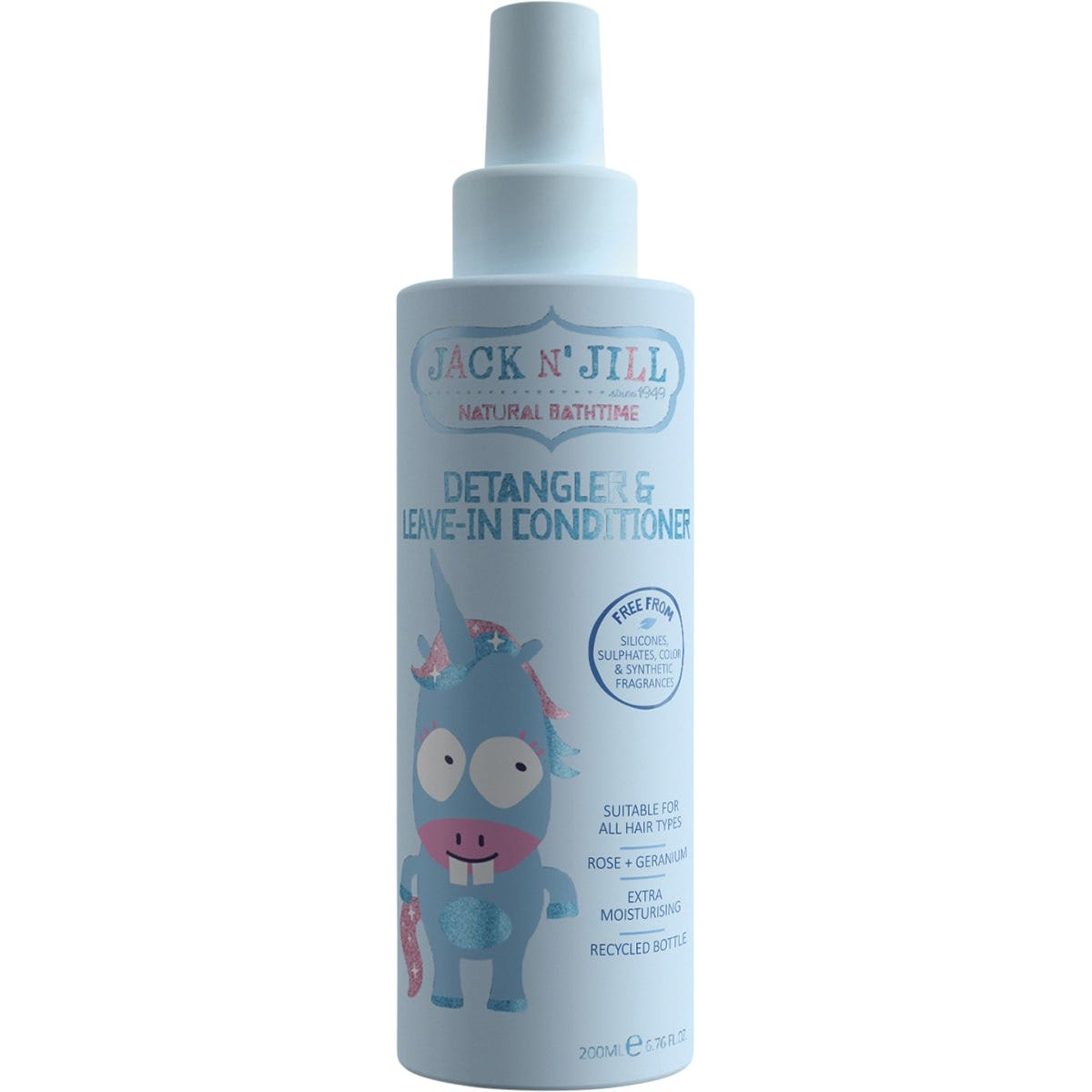 Six 200ml bottles of Jack N' Jill Rose and Geranium Detangler and Leave-in Conditioner on a white background.