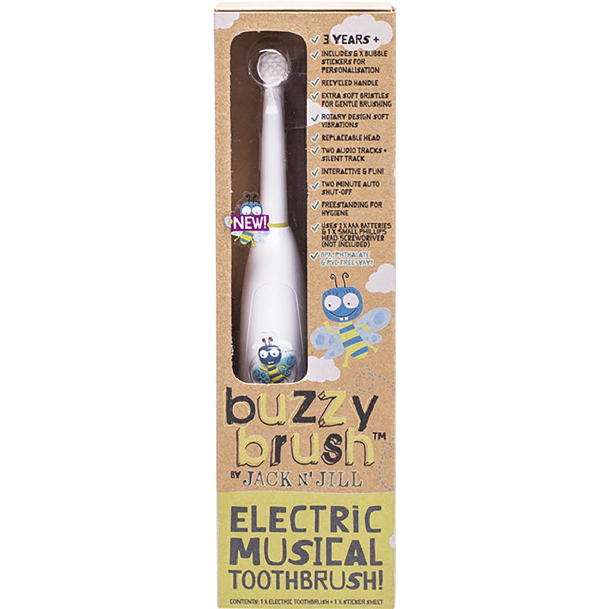 Jack N' Jill Buzzy Brush electric musical toothbrush for ages 3+ in original packaging with bubble stickers.