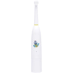 Jack N' Jill Buzzy Brush electric musical toothbrush standing upright with its yellow patterned handle on a white background.