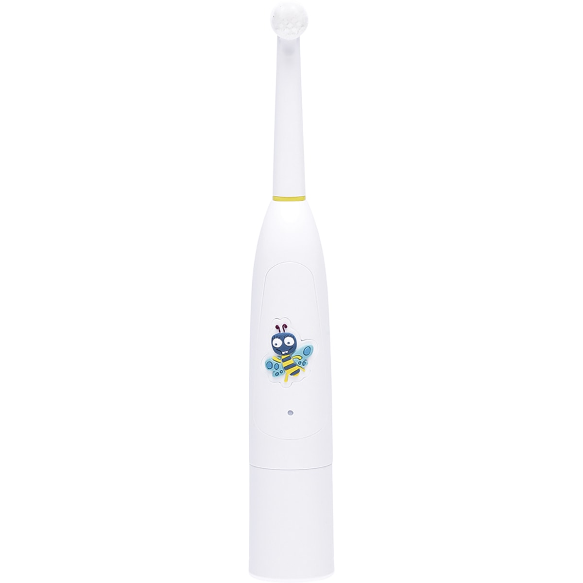 Jack N' Jill Buzzy Brush electric musical toothbrush standing upright with its yellow patterned handle on a white background.