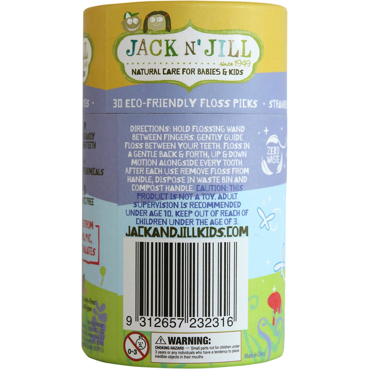 Jack N' Jill 8-pack of strawberry floss picks in a cardboard tube with giraffe-shaped handles in various colors.