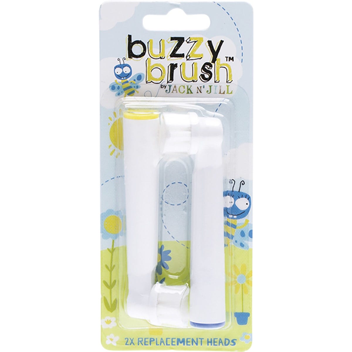 Jack N' Jill Buzzy Brush replacement heads 2-pack featuring two white brush heads with soft bristles and a blue base.
