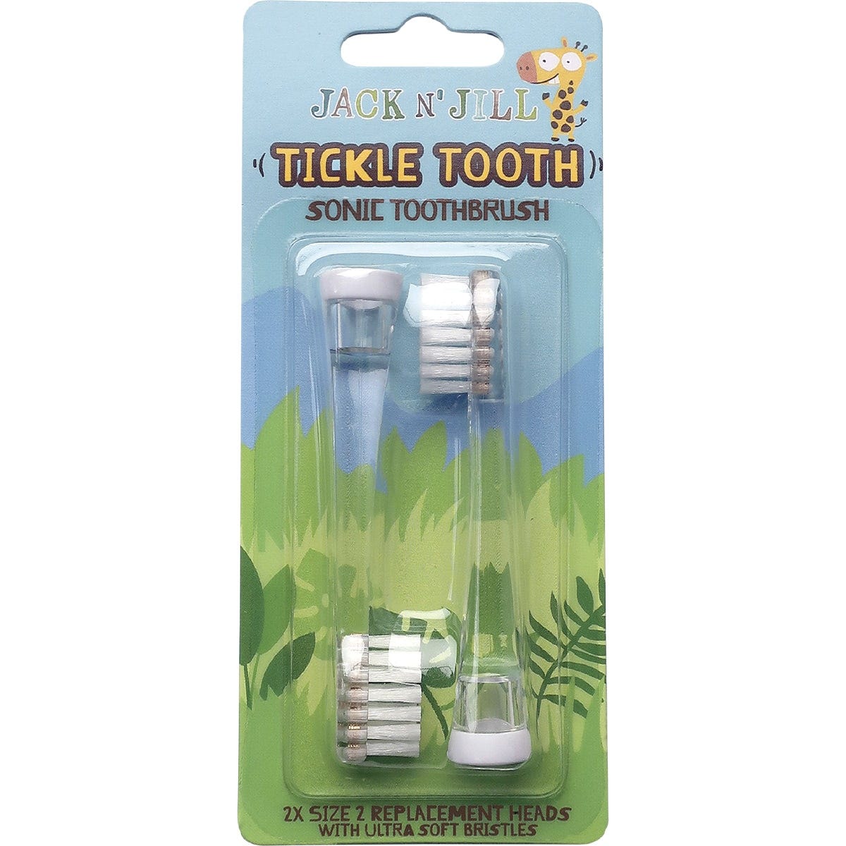 Jack N' Jill Tickle Tooth replacement heads 2-pack featuring soft bristles for gentle cleaning on baby gums.