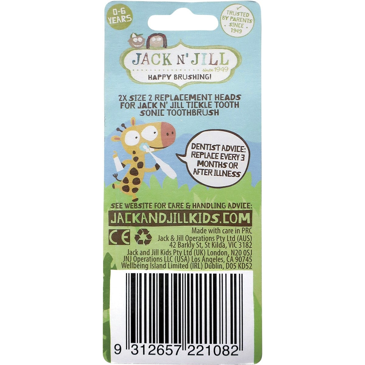Jack N' Jill 2-pack replacement heads for Tickle Tooth sonic toothbrush with extra soft bristles on white background.