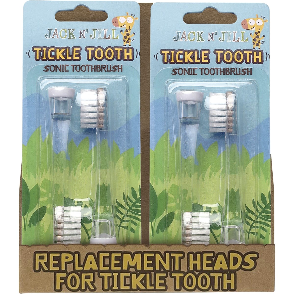 Two Jack N' Jill Tickle Tooth sonic toothbrush replacement heads with extra soft bristles on a white background.