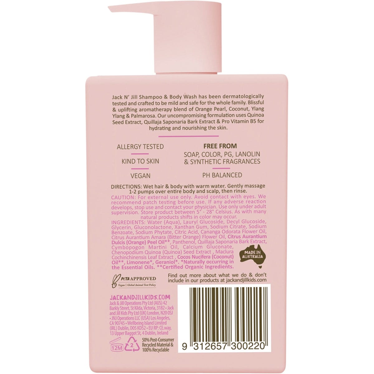Three 300ml bottles of Jack N' Jill Uplifting Shampoo & Body Wash with pump dispensers on a white background.