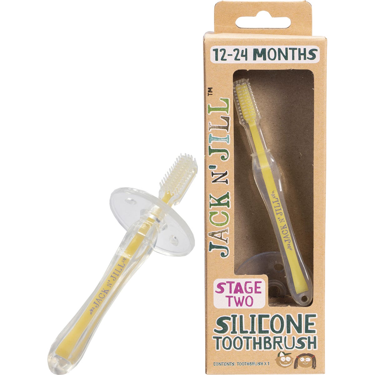 Pack of 8 Jack N' Jill silicone baby toothbrushes with safety shields and soft bristles on a white background.