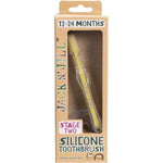 Jack N' Jill silicone baby toothbrush with a safety shield and soft bristles on a white background.