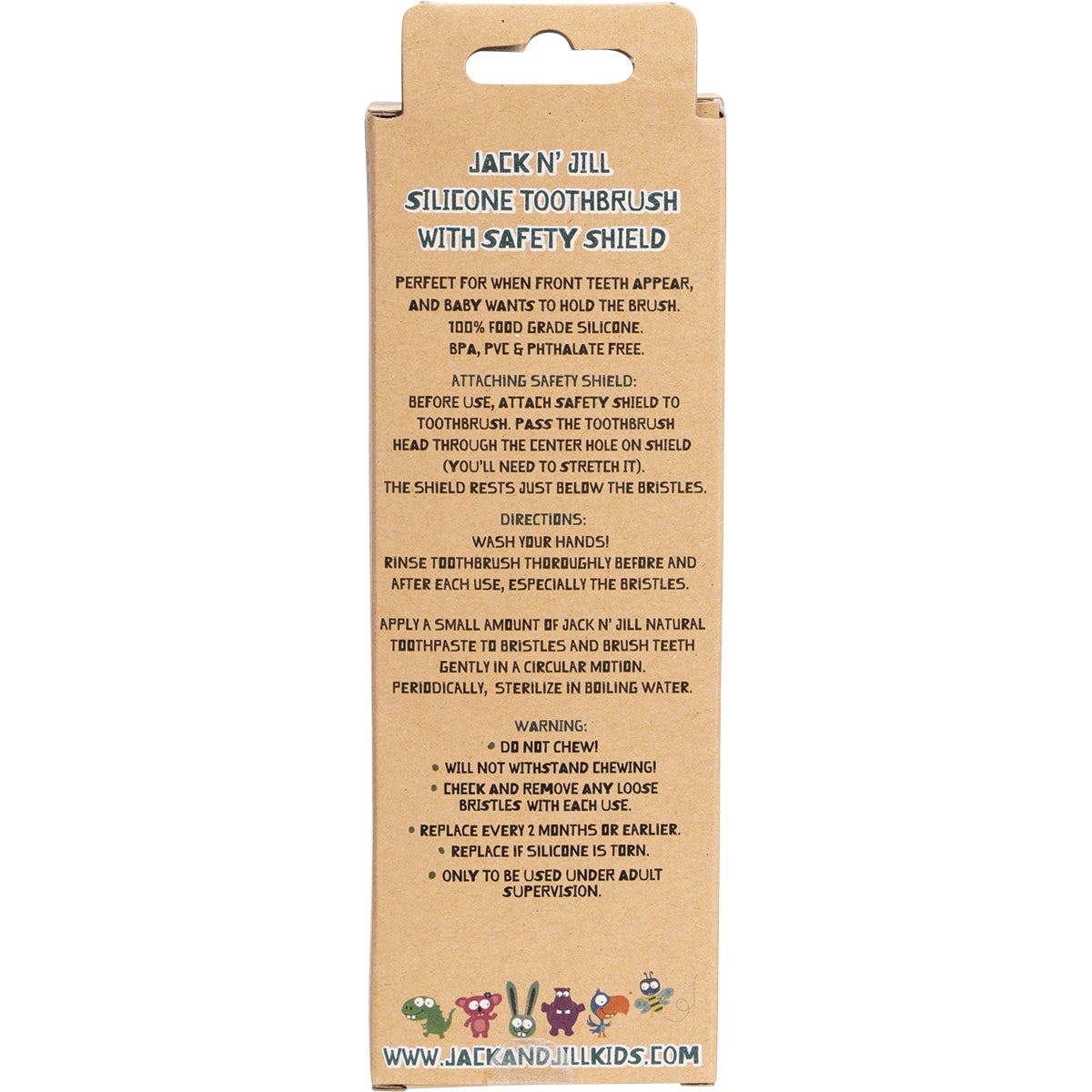 Close-up of a Jack N' Jill silicone baby toothbrush showing the soft bristles and clear safety shield.