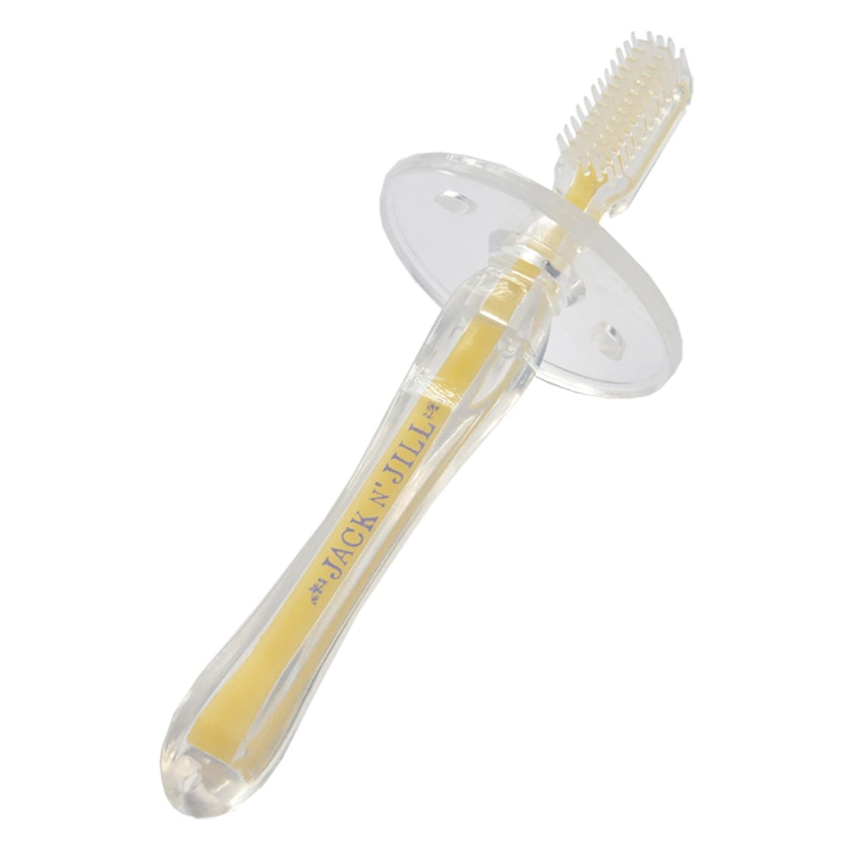 Side view of a Jack N' Jill silicone baby toothbrush with dual-sided bristles and a clear safety shield.