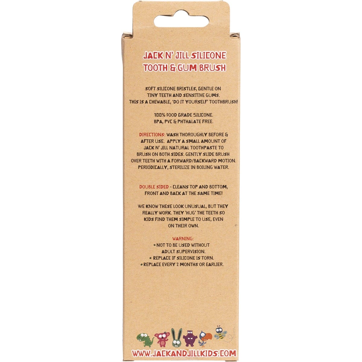 Jack N' Jill Stage 3 silicone tooth and gum brush for ages 2-5 shown in its eco-friendly cardboard packaging.