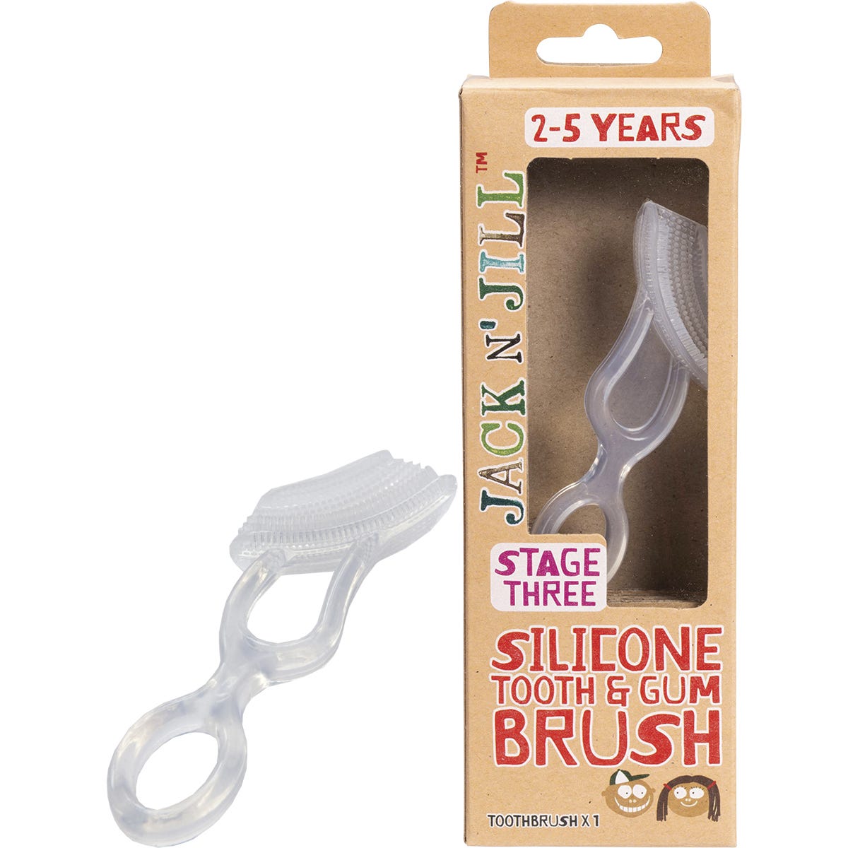 Jack N' Jill Stage 3 silicone tooth and gum brush with soft bristles, designed for toddlers and kids aged 2 to 5.