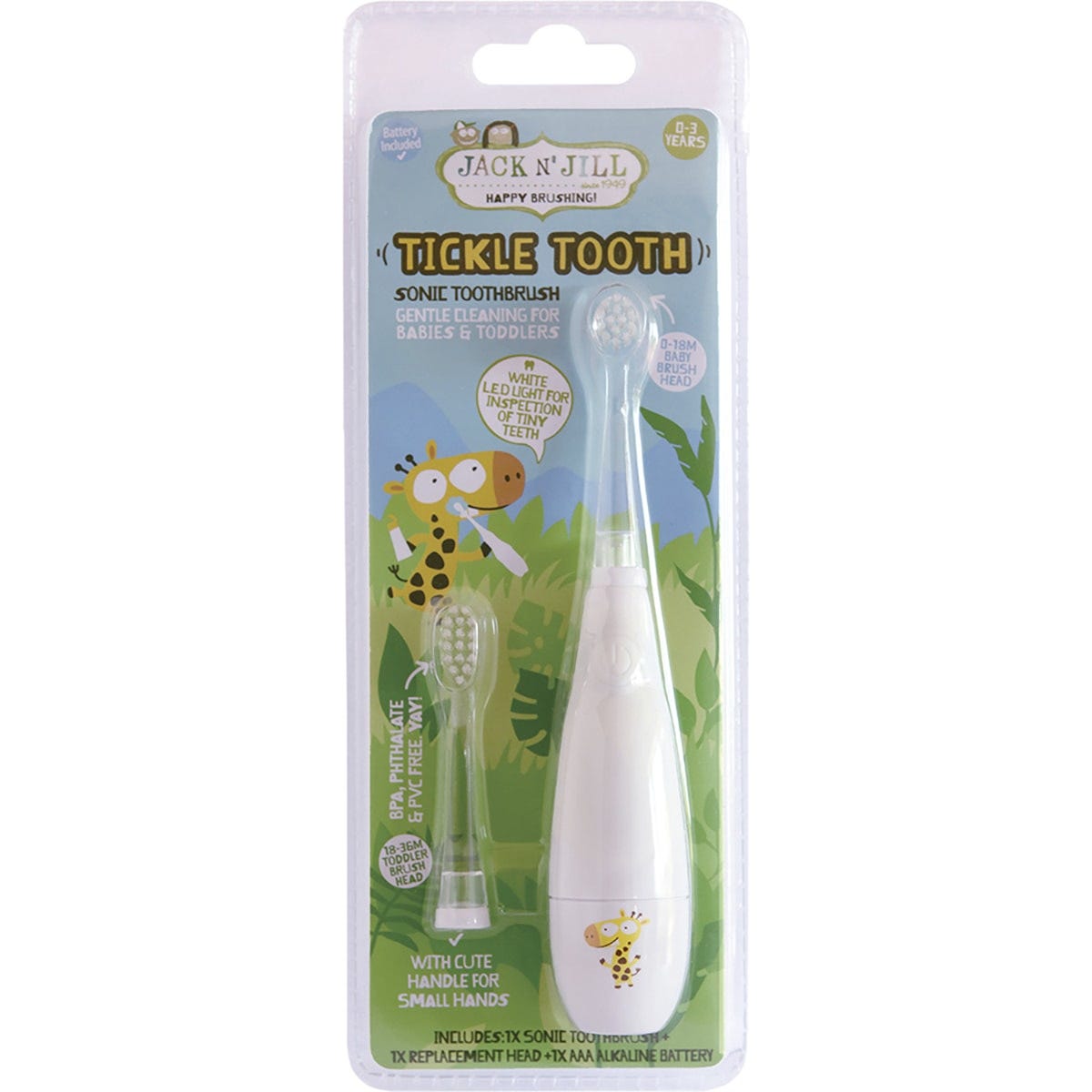Jack N' Jill Tickle Tooth sonic toothbrush with LED light, extra brush head, and battery for babies and toddlers.