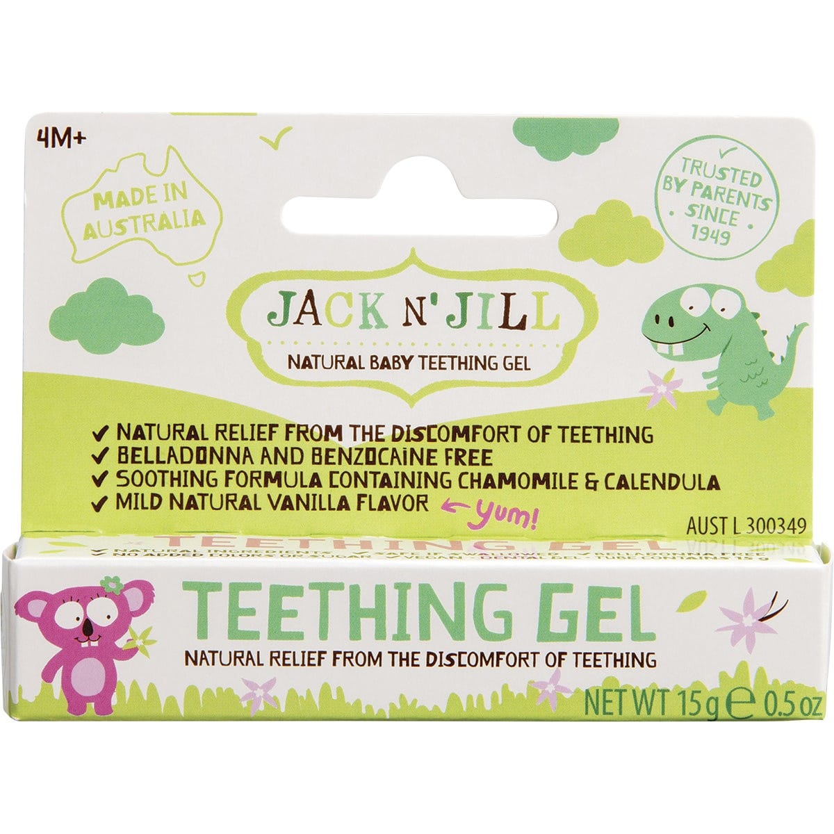 Six tubes of Jack N' Jill Teething Gel for babies 4+ months, featuring chamomile, calendula, and vanilla flavor.