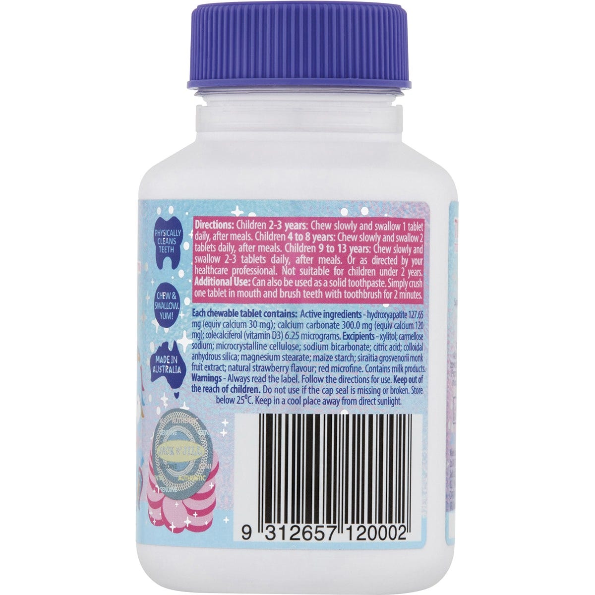Side view of a Jack N' Jill Tooth Sparkles bottle showing strawberry flavor and 60-count tablets on a white background.