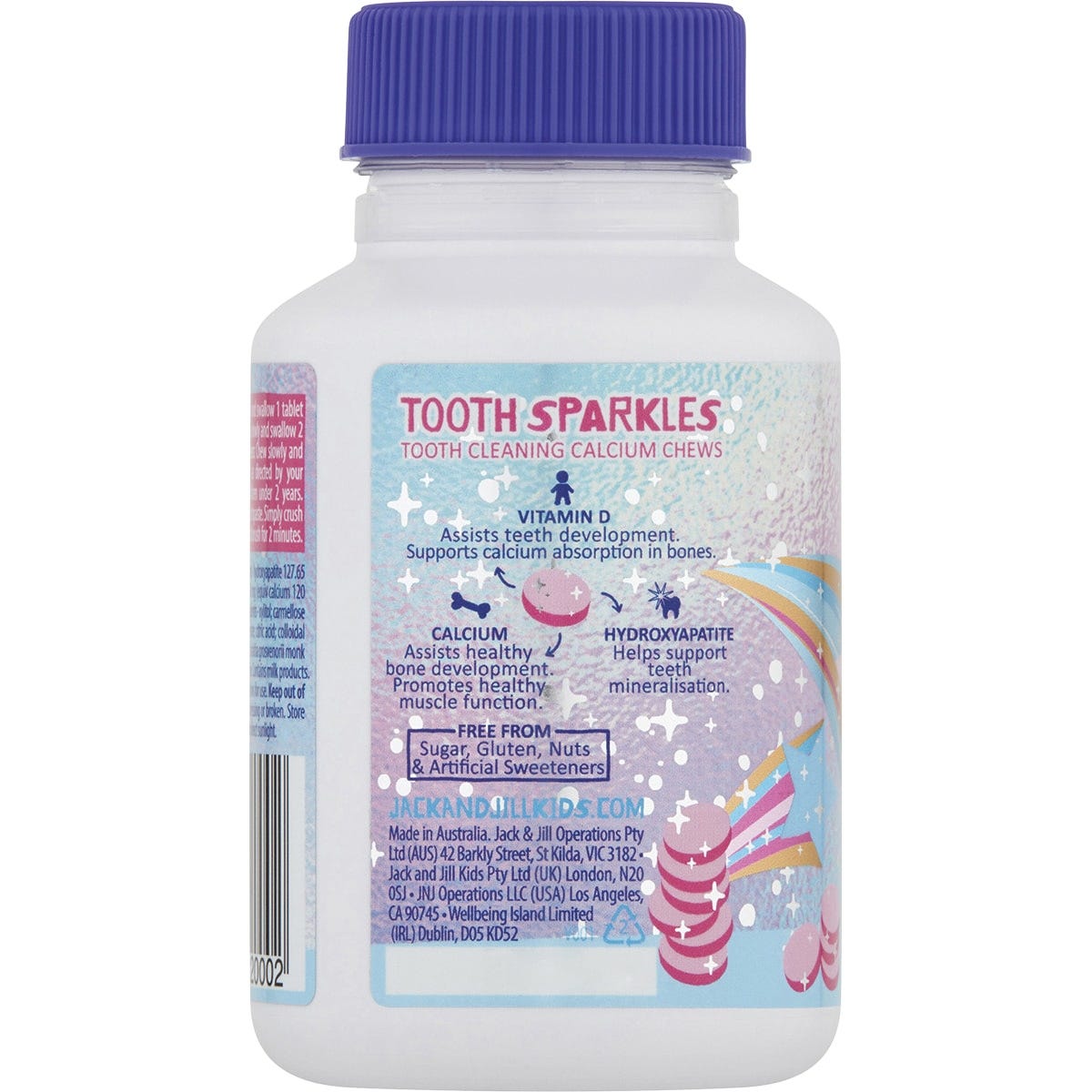 Jack N' Jill Tooth Sparkles 60-tab bottle with strawberry illustrations and a "Pack of 3" label on a white background.