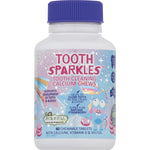 Three white bottles of Jack N' Jill Tooth Sparkles calcium chews with a pack of 3 label on a white background.
