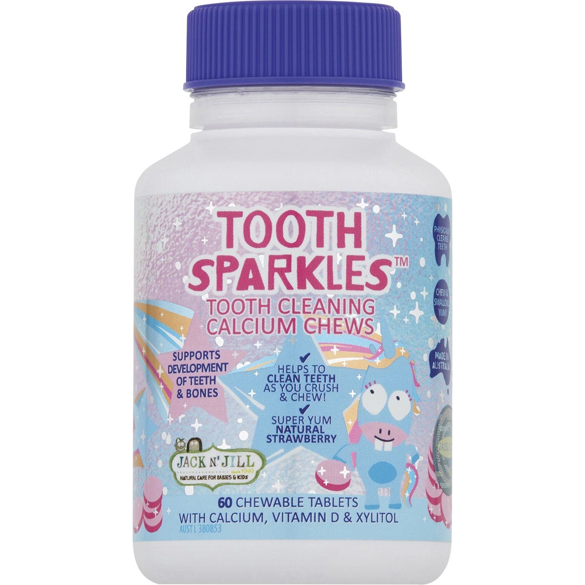 Three white bottles of Jack N' Jill Tooth Sparkles calcium chews with a pack of 3 label on a white background.