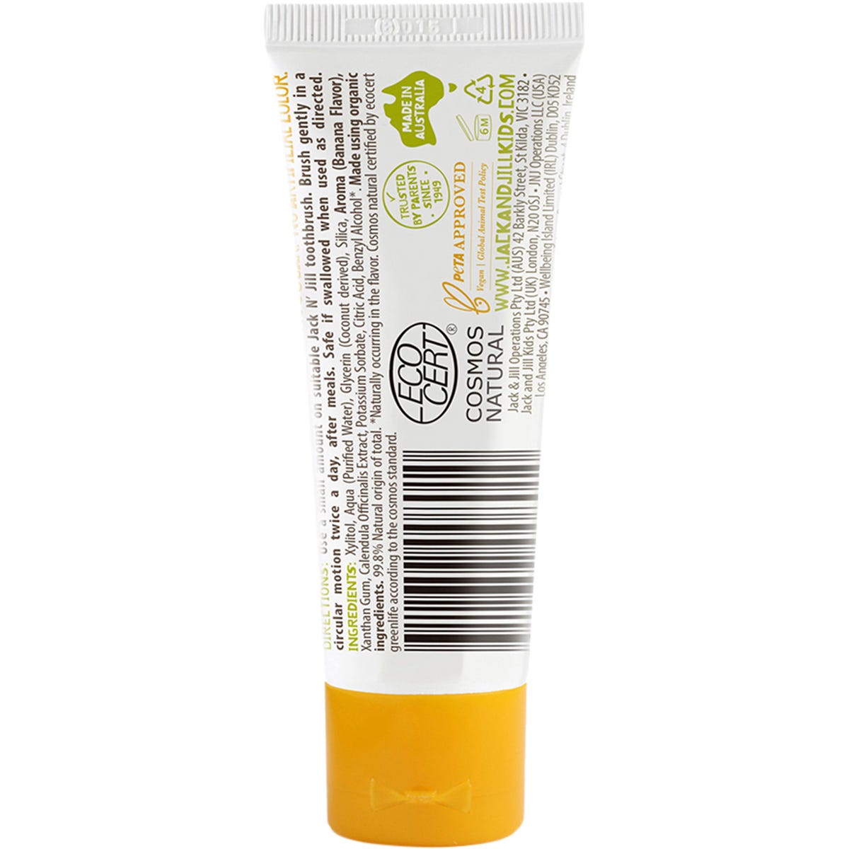 Jack N' Jill banana flavored fluoride-free children's toothpaste 50g tube in white and yellow packaging.