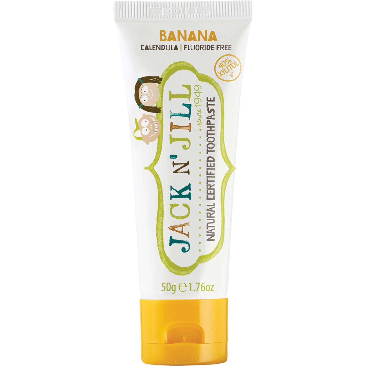 Six 50g tubes of Jack N' Jill banana flavored fluoride-free children's toothpaste in white and yellow packaging.