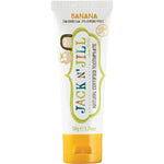 Six 50g tubes of Jack N' Jill banana flavored fluoride-free children's toothpaste in white and yellow packaging.