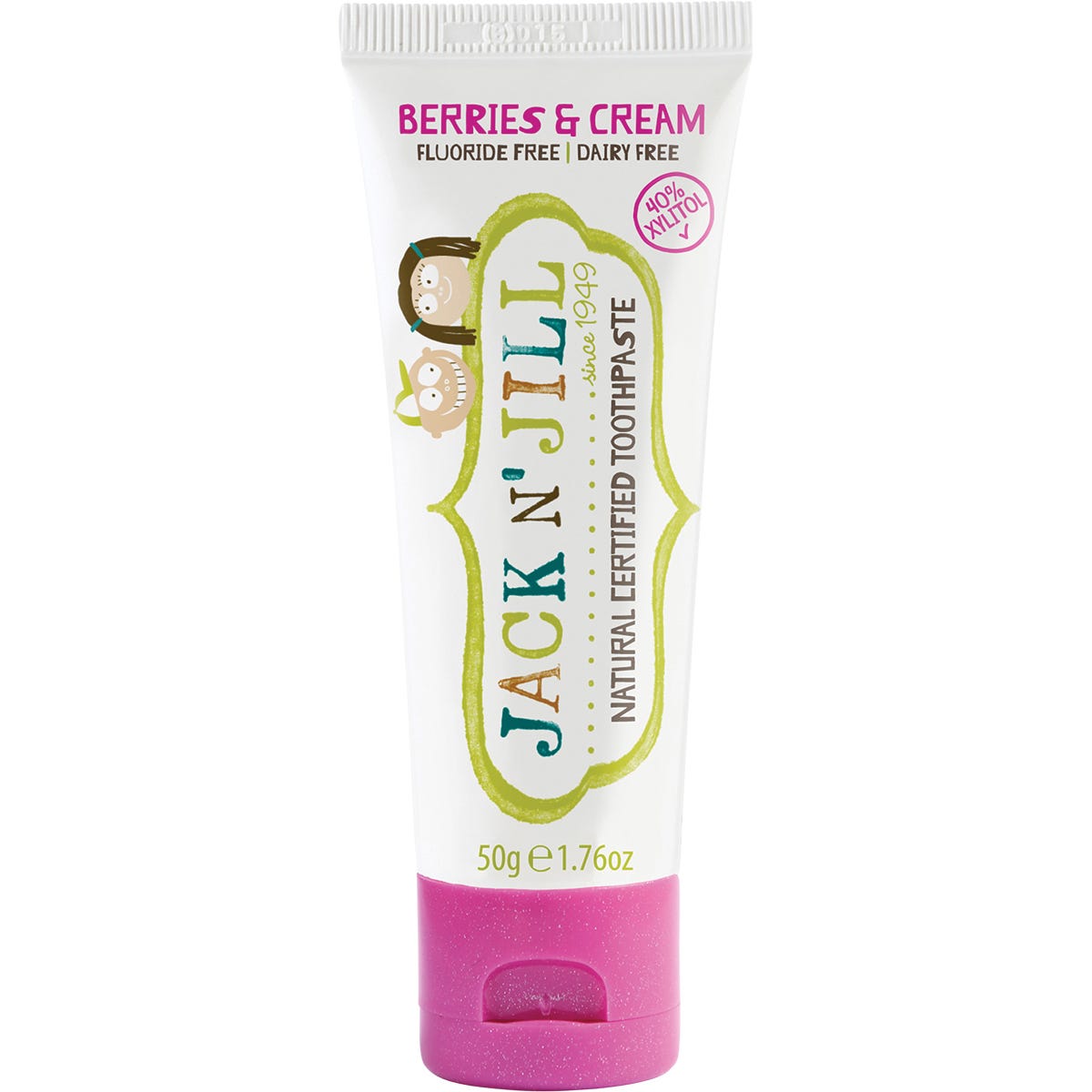 Six 50g tubes of Jack N' Jill Berries and Cream fluoride-free natural toothpaste for children on a white background.