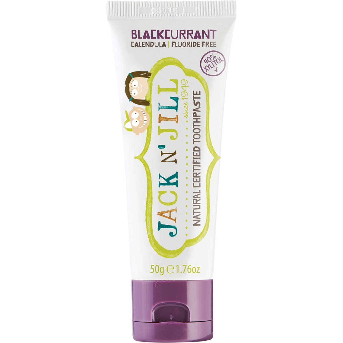 Six 50g tubes of Jack N' Jill blackcurrant fluoride-free children's toothpaste with a purple design.
