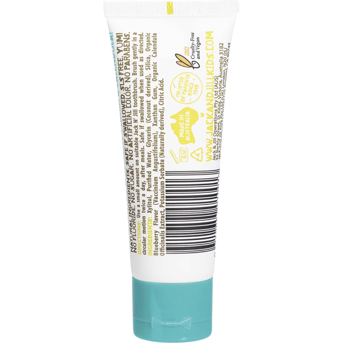 Jack N' Jill 50g blueberry fluoride-free toothpaste tube for children with a purple cap on a white background.