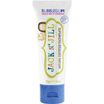 Six tubes of Jack N' Jill bubblegum flavor natural toothpaste for kids, 50g each, on a plain white background.