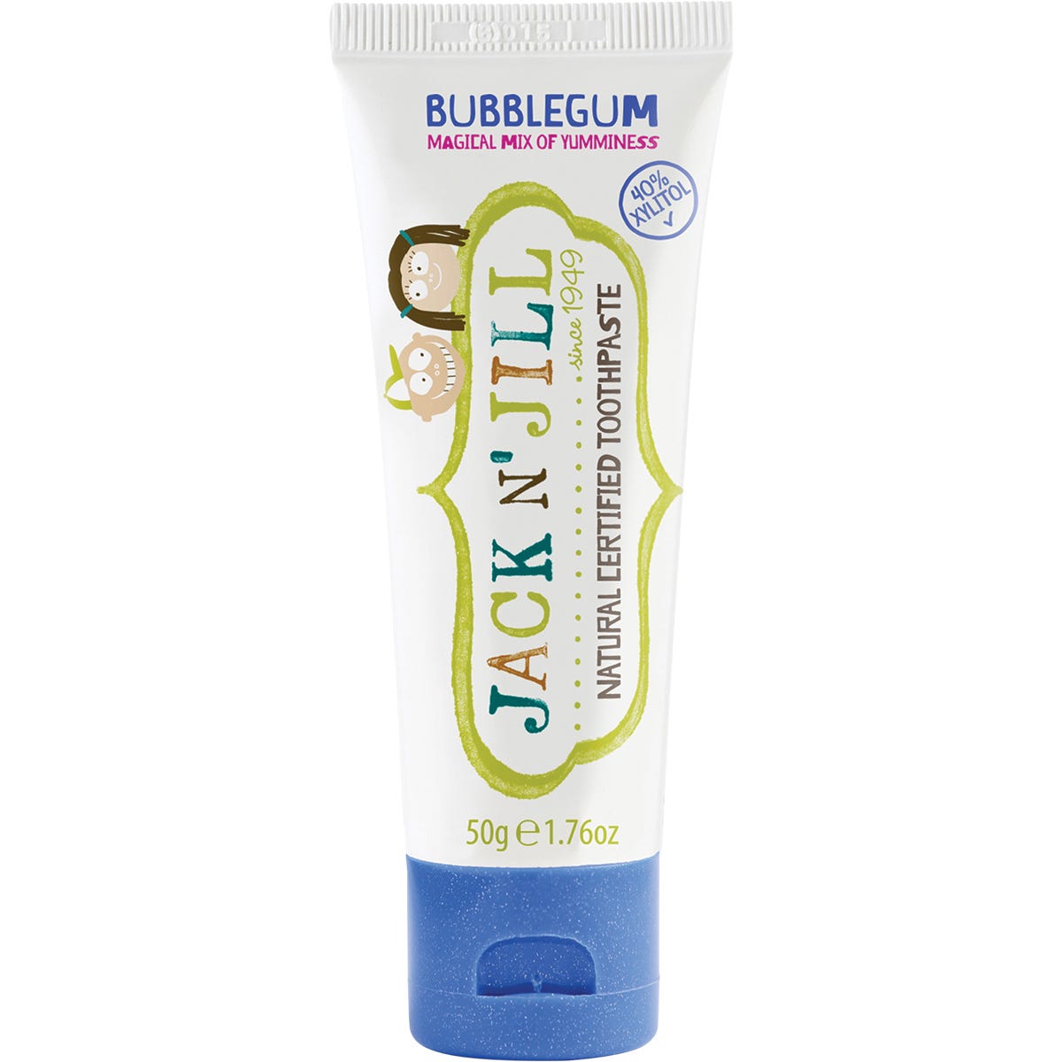 Six tubes of Jack N' Jill bubblegum flavor natural toothpaste for kids, 50g each, on a plain white background.