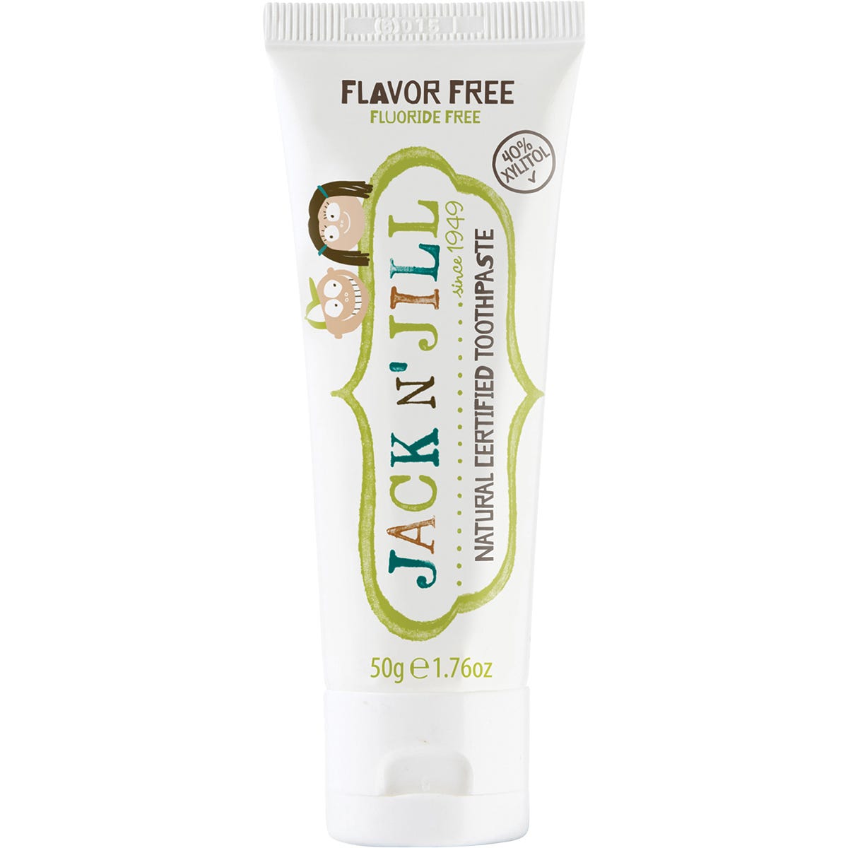 Six 50g tubes of flavor-free, fluoride-free Jack N' Jill children's toothpaste on a white background.