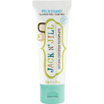 Six-pack of Jack N' Jill Milkshake toothpaste 50g tubes with organic calendula and xylitol on a white background.