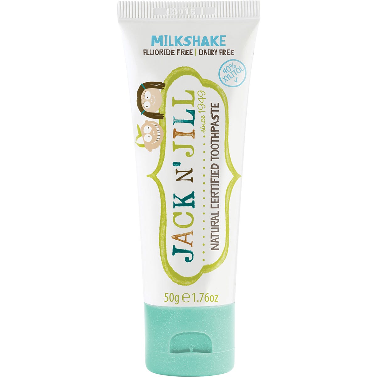Six-pack of Jack N' Jill Milkshake toothpaste 50g tubes with organic calendula and xylitol on a white background.