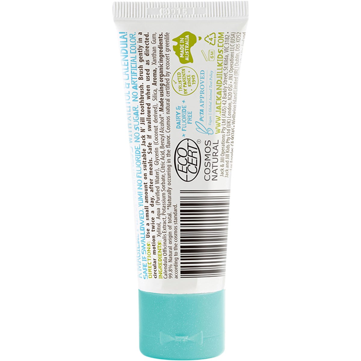 Six-pack of Jack N' Jill Milkshake toothpaste tubes with a blue and white label featuring a smiling character.