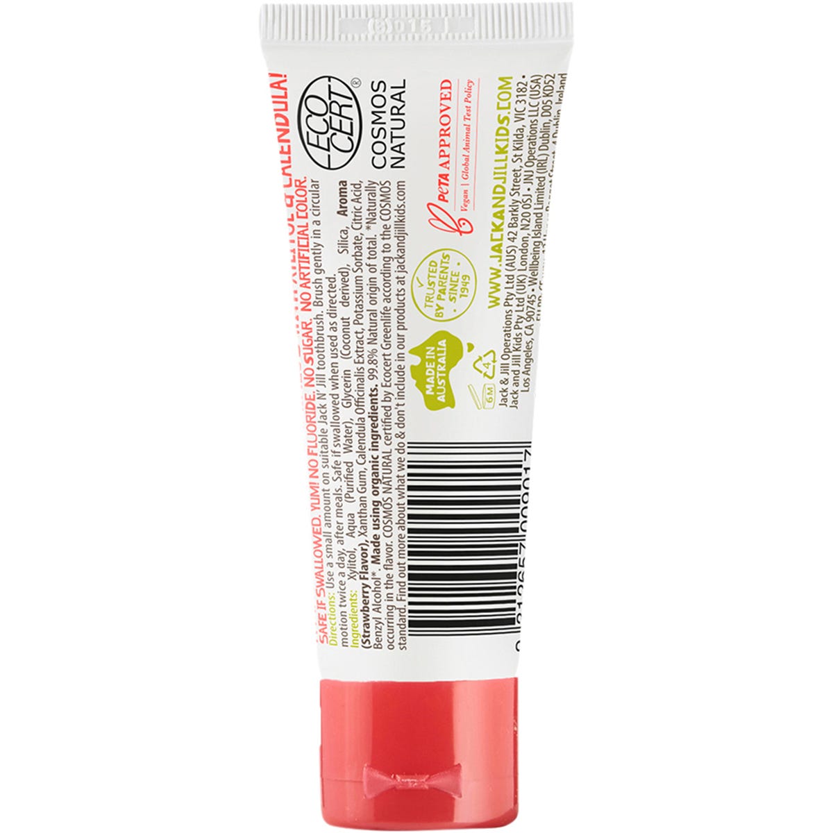 Single 50g tube of Jack N' Jill strawberry fluoride-free children's toothpaste on a white background.