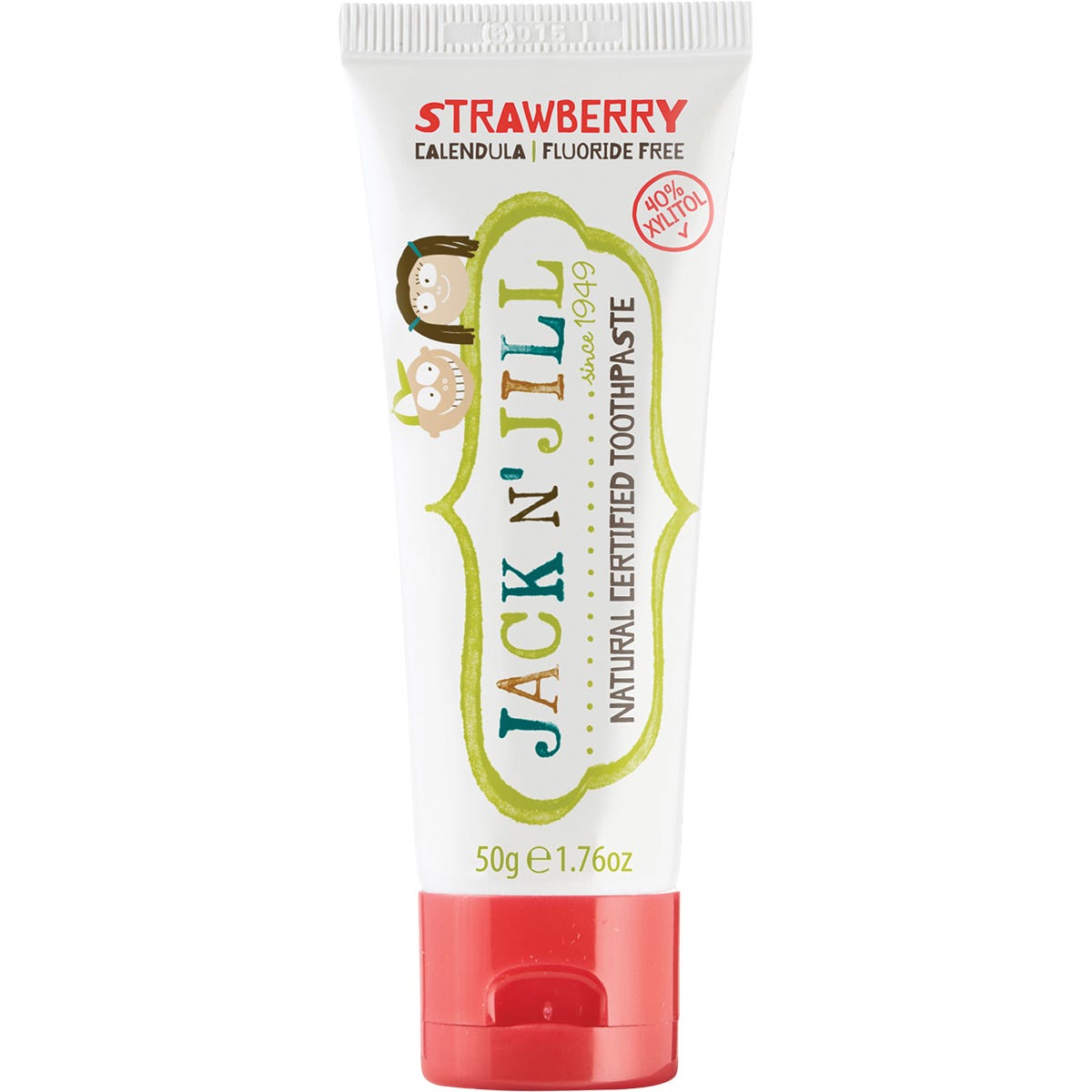 Six tubes of Jack N' Jill strawberry fluoride-free toothpaste for children, 50g each, shown on a white background.
