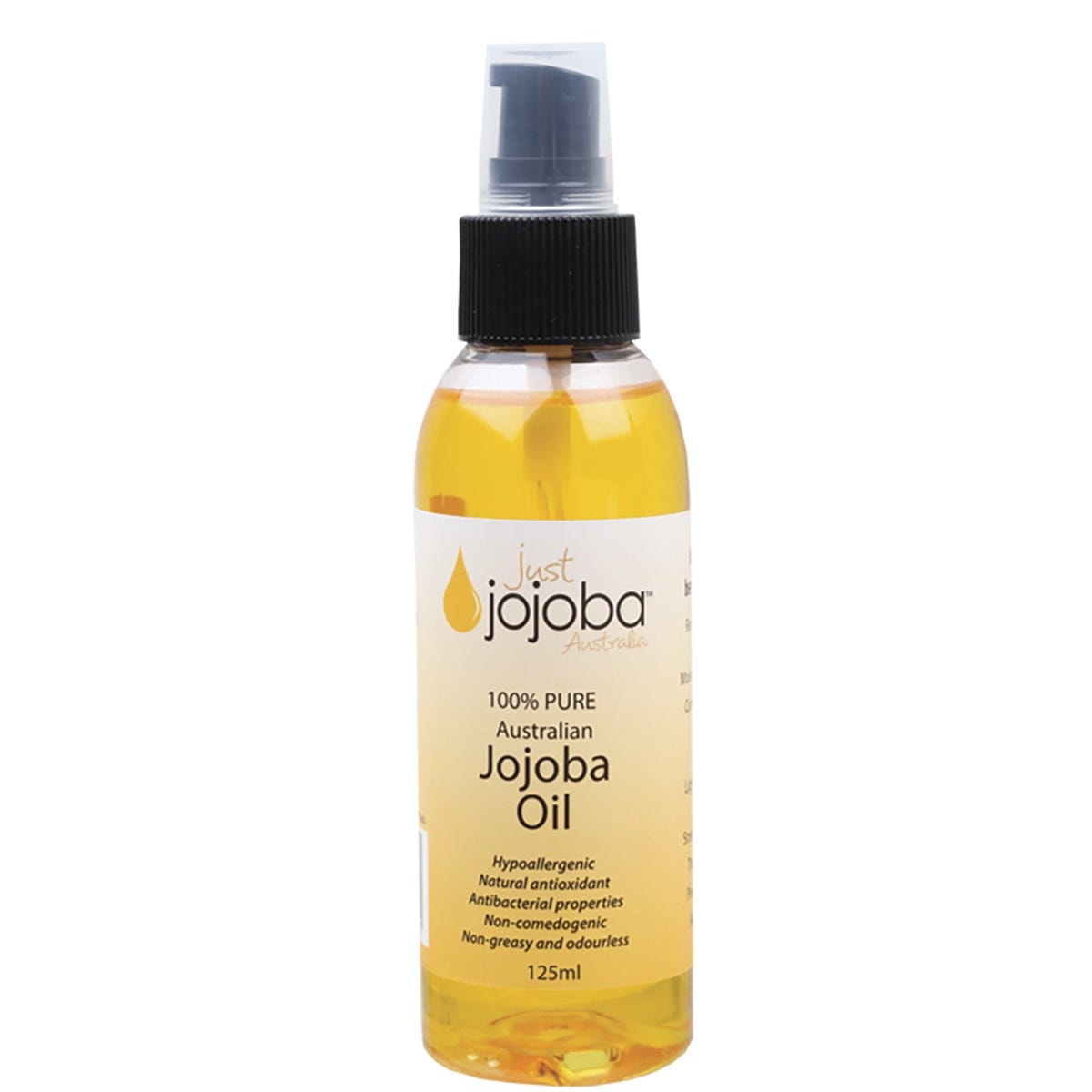 Just Jojoba Australia 125ml bottle of pure Australian jojoba oil with a white pump lid and gold label.
