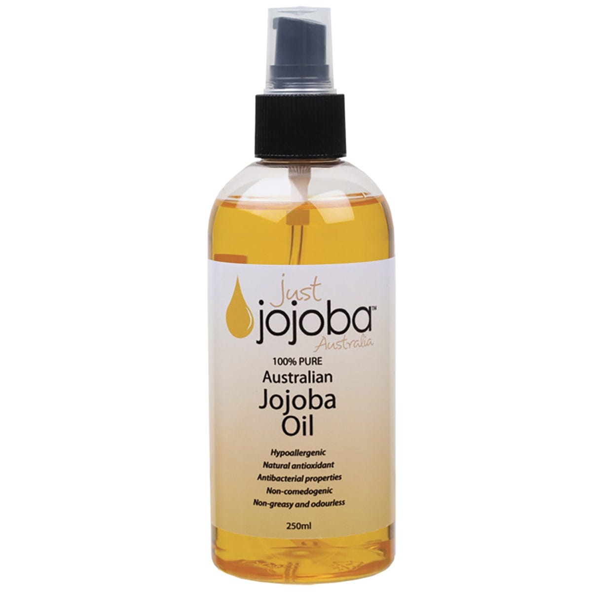 250ml bottle of Just Jojoba Australia Pure Australian Jojoba Oil featuring a golden liquid and a white label.