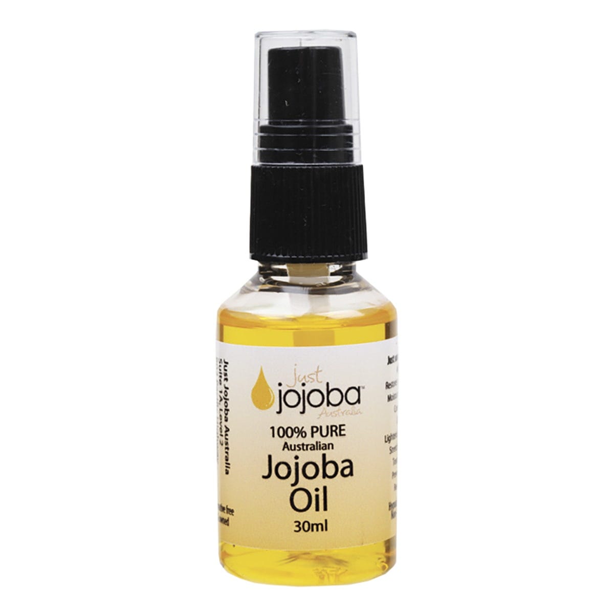30ml bottle of Just Jojoba Pure Australian Jojoba Oil with a gold-colored cap on a white background.