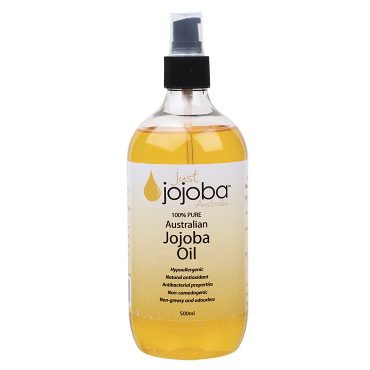 500ml bottle of Just Jojoba Australia Pure Australian Jojoba Oil, a golden cold-pressed liquid wax for skincare.