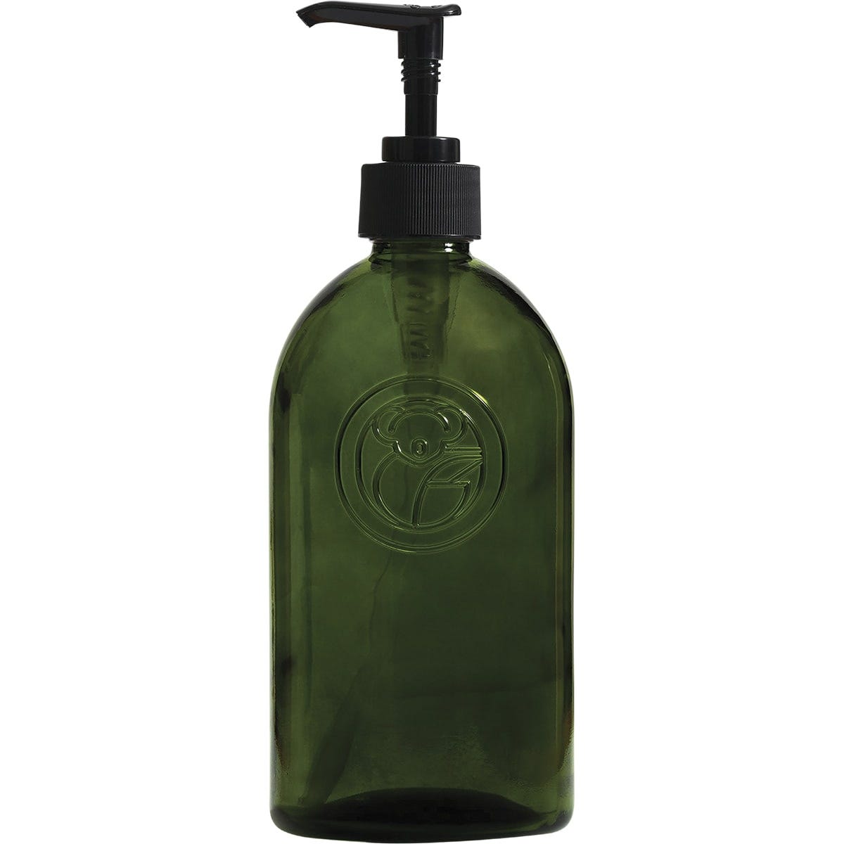 Six 500ml Koala Eco apothecary green glass bottles with black pump dispensers on a white background.