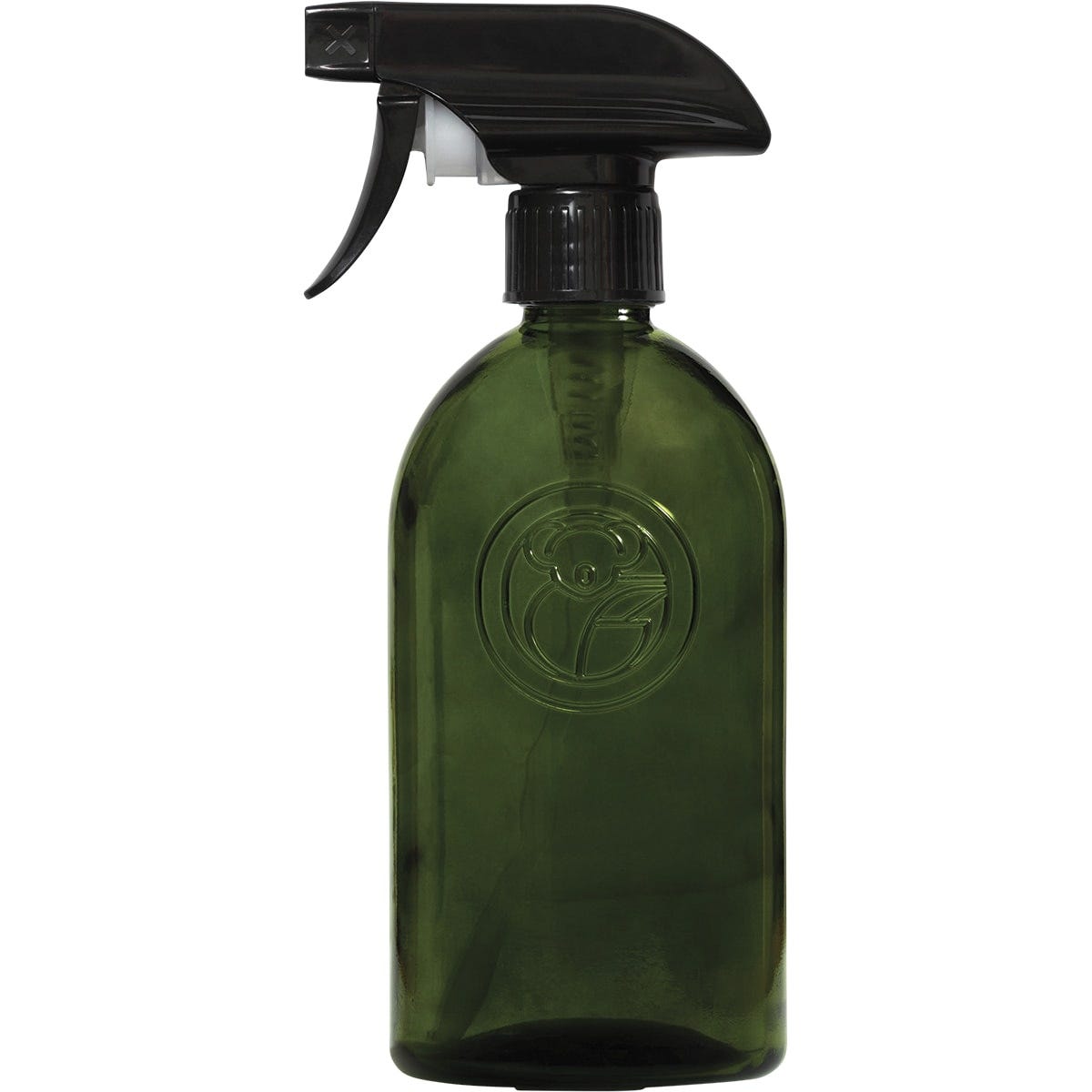 Green glass apothecary bottle with a black spray trigger and Koala Eco label featuring botanical illustrations.
