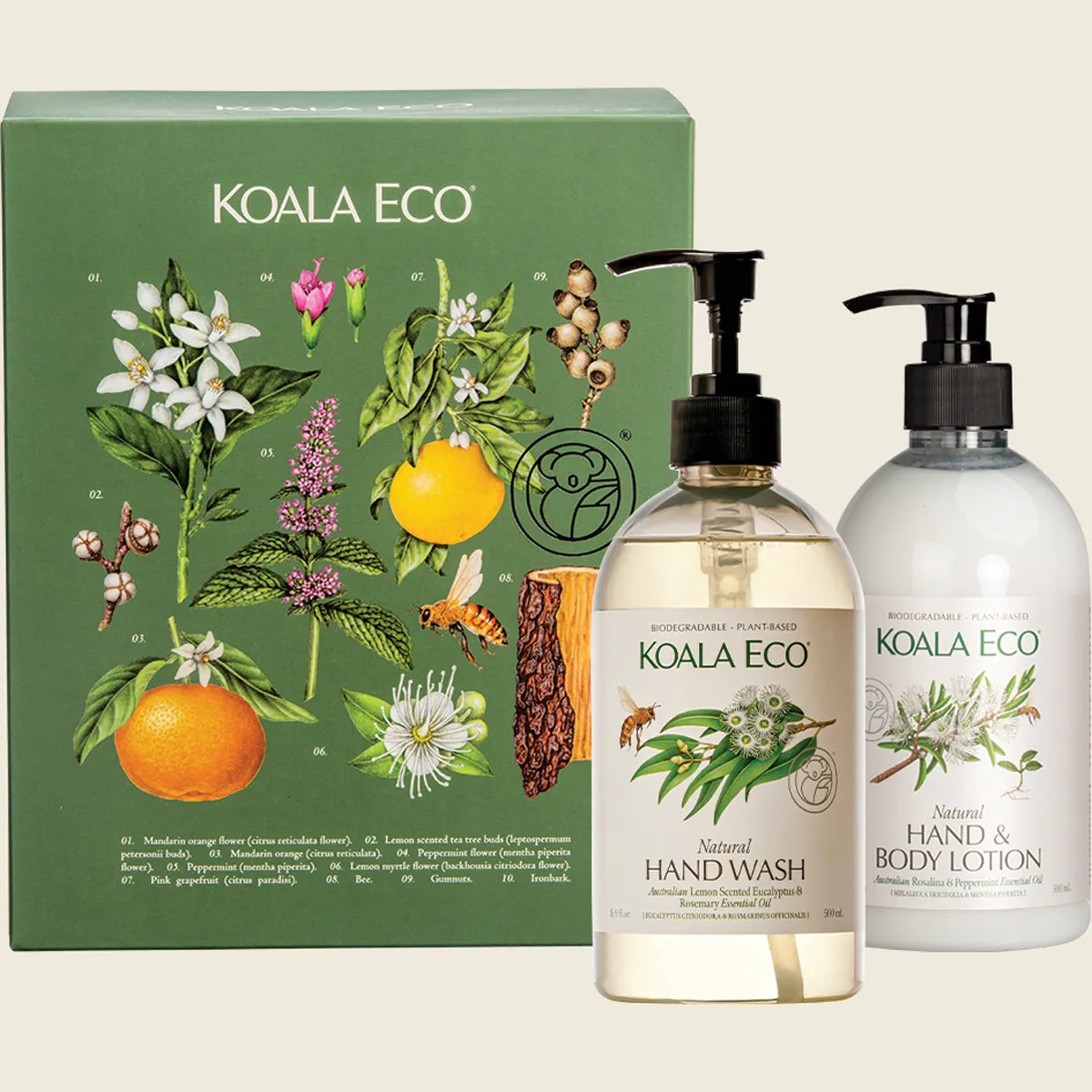 Koala Eco natural hand wash and lotion with botanical design on a green box.