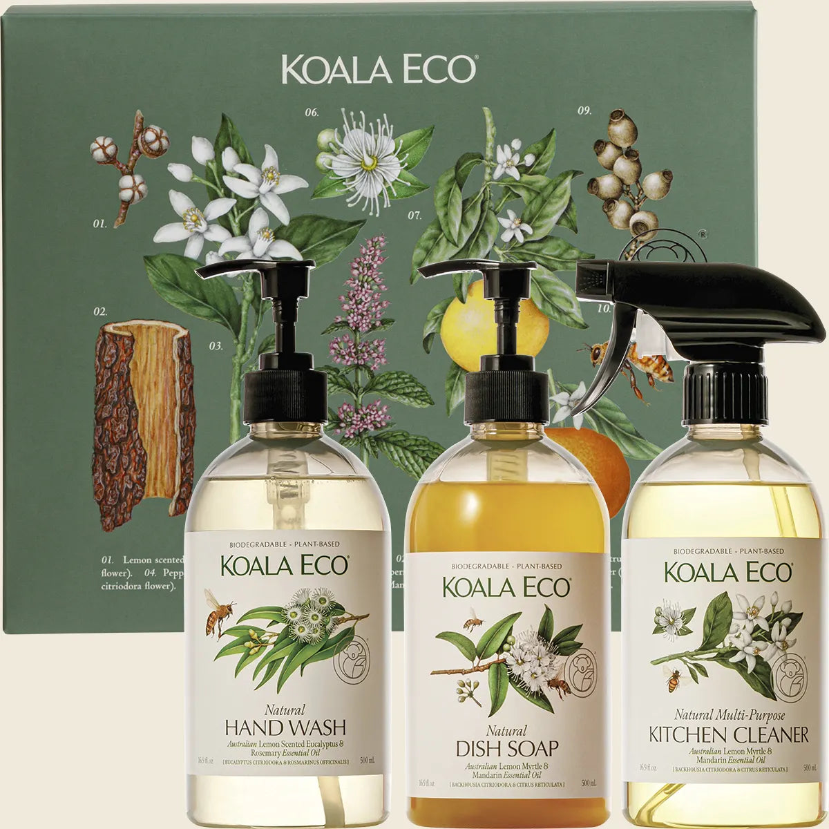 Koala Eco 3-pack gift set with Hand Wash, Kitchen Cleaner, and Dish Soap in a botanical-themed box.