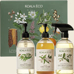 Koala Eco 3-pack gift set with Hand Wash, Kitchen Cleaner, and Dish Soap in a botanical-themed box.