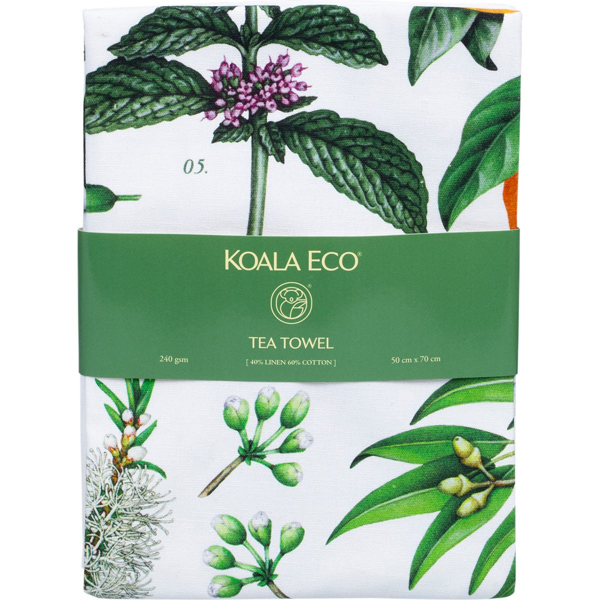 White tea towel with black hand-drawn botanical illustrations of Australian plants and flowers.