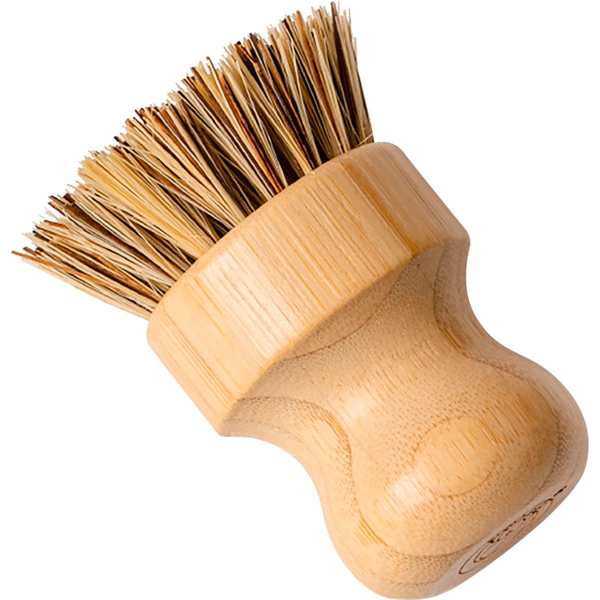 Koala Eco pot scrubber with a circular wood base and natural sisal and hemp bristles for cleaning.