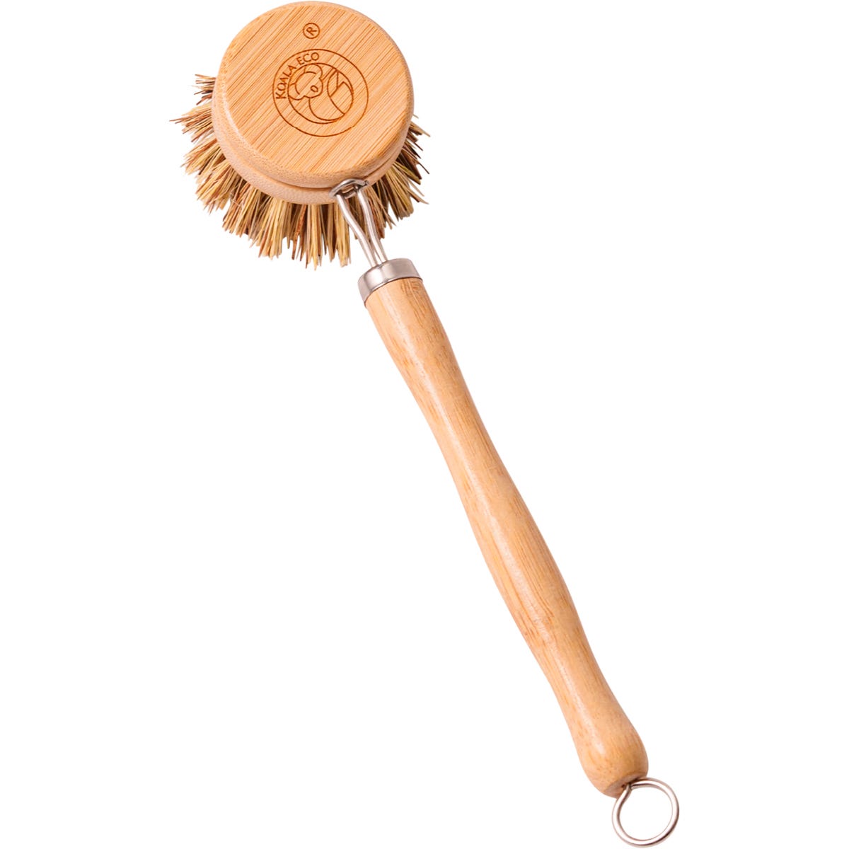 Bamboo dish brush with light-colored plant-based bristles and a metal spring-load attachment.