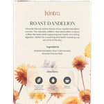 Back of a Kintra Foods Roasted Dandelion Blend tea box showing ingredients, brewing instructions, and product benefits.